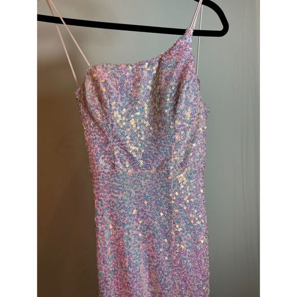 Midnight Doll One Shoulder Pink Sequin Gown with Front Slit Size 0 - Picture 3 of 7